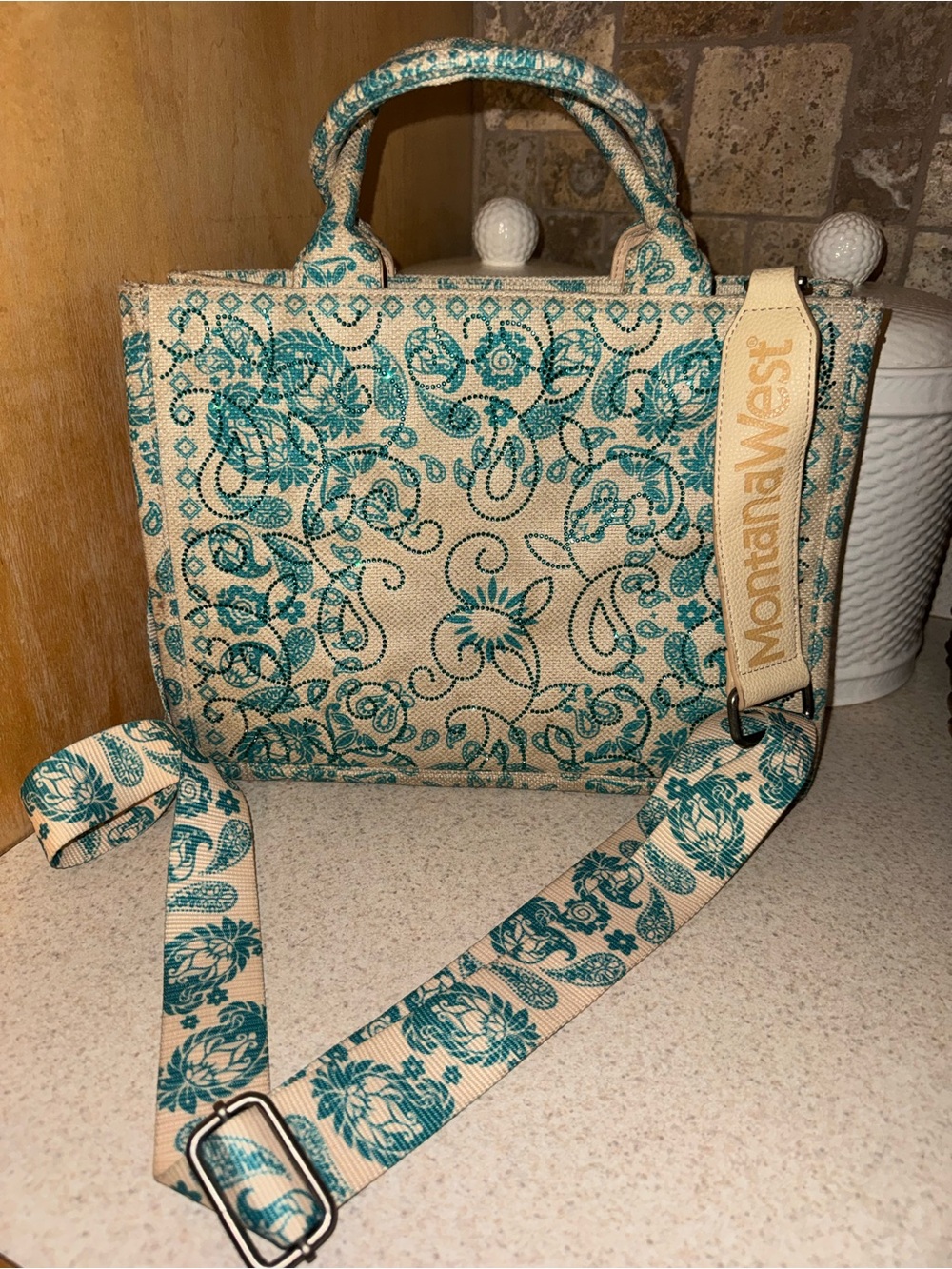 Montana West Teal Floral Canvas Tote bandana sequins paisley 9.5”x4.5”x8”